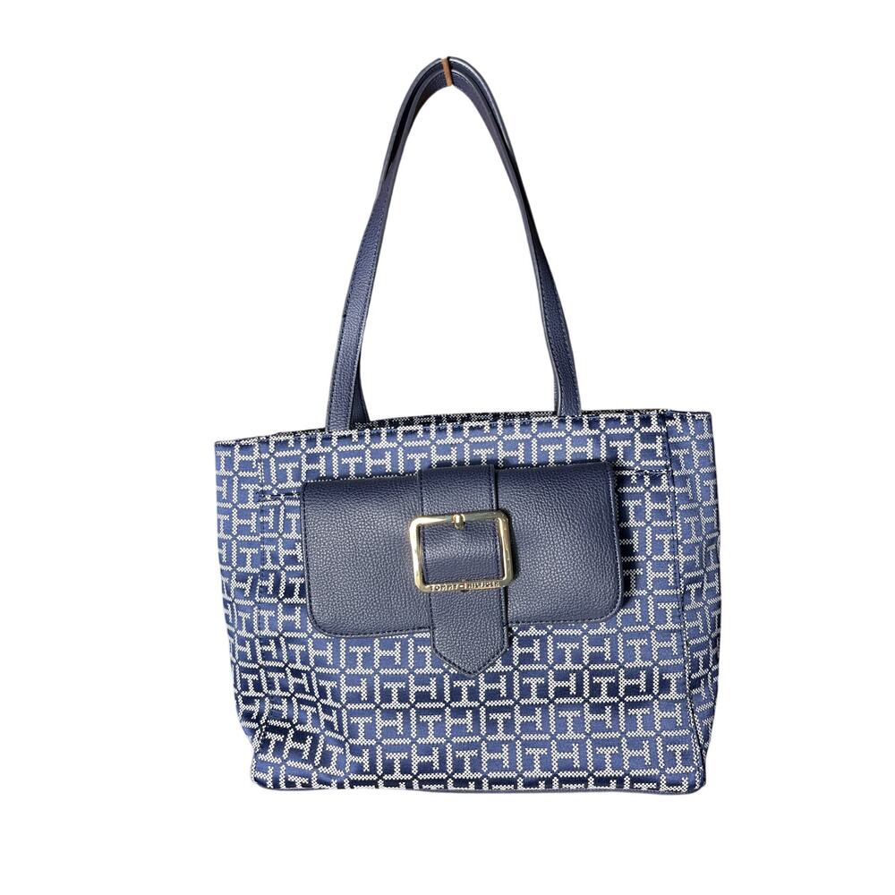 Navy blue and white Tommy Hilfiger satchel purse with built-in wallet